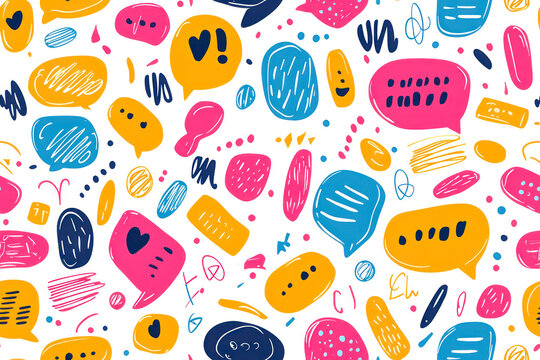 Bright seamless pattern with colorful speech bubble, words and symbols. Wallpaper for teenagers.