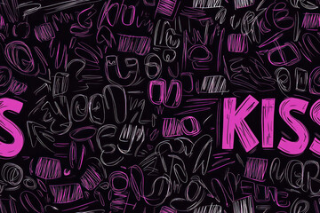 "KISS" Pink doodle outline words pattern. Dark theme. Trendy 90s style concept.