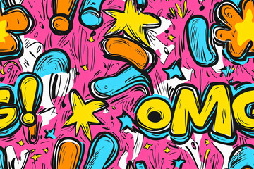 "OMG!" Seamless pattern with handwritten repeating text, ‘OMG!’. Comic style funny background.