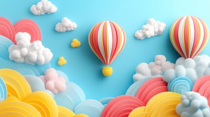 Obraz premium Two hot air balloons soar over a whimsical landscape of colorful clouds and waves on a blue background.