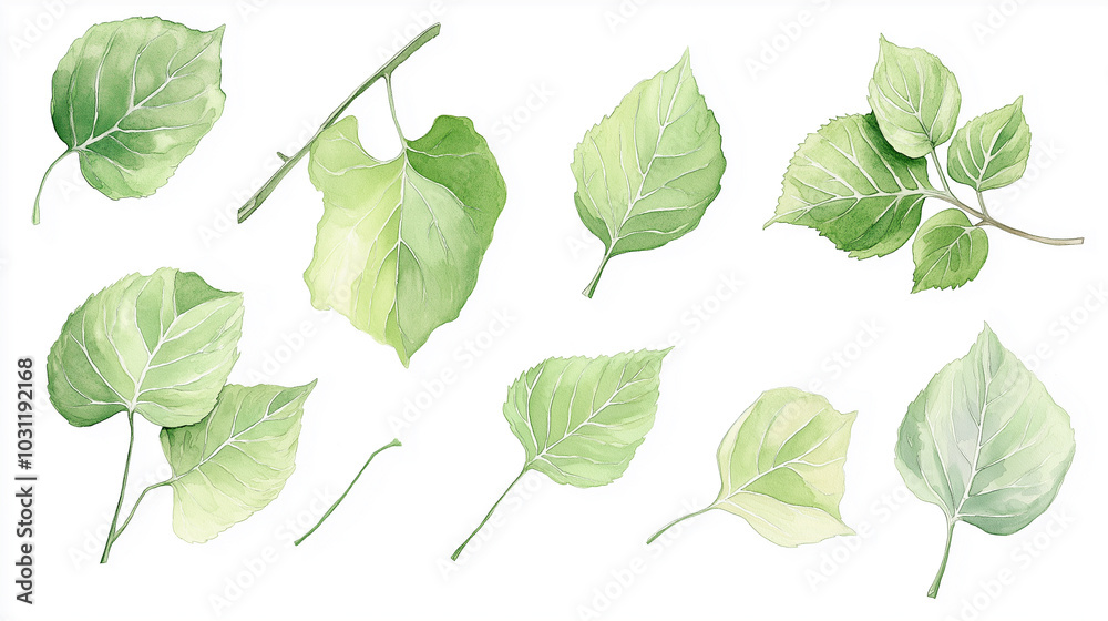 Wall mural botanical watercolor illustration of birch leaves from different angles