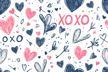 XOXO brush lettering signs seamless pattern, Grunge calligraphic hugs and kisses Phrase.