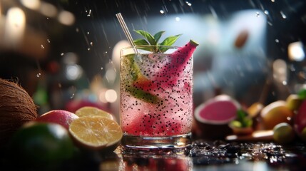 Exotic dragon fruit and coconut refreshing cocktail for summer and tropical designs