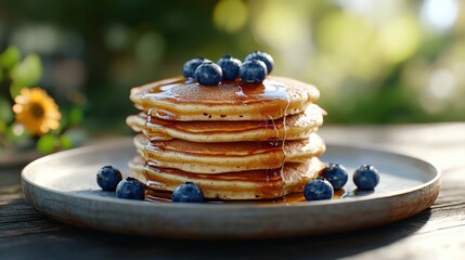 Fluffy buttermilk pancakes with blueberries for spring brunch photography and food design