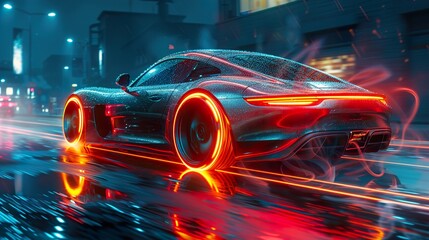 Futuristic Sports Car Speeding Through City at Night