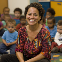 Female Teacher Smiling in Classroom with Young Students
