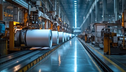 Fototapeta premium Busy factory environment with machinery dedicated to paperboard manufacturing, capturing the essence of industrial production