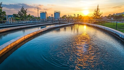 Naklejka premium Captivating scene of an industrial water treatment plant at sunrise, reflecting the importance of clean water and environmental sustainability