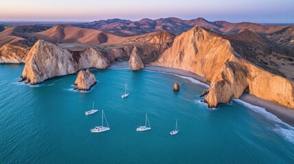 Aerial view of sailboats anchored in a bay with dramatic cliffs and a sandy beach.