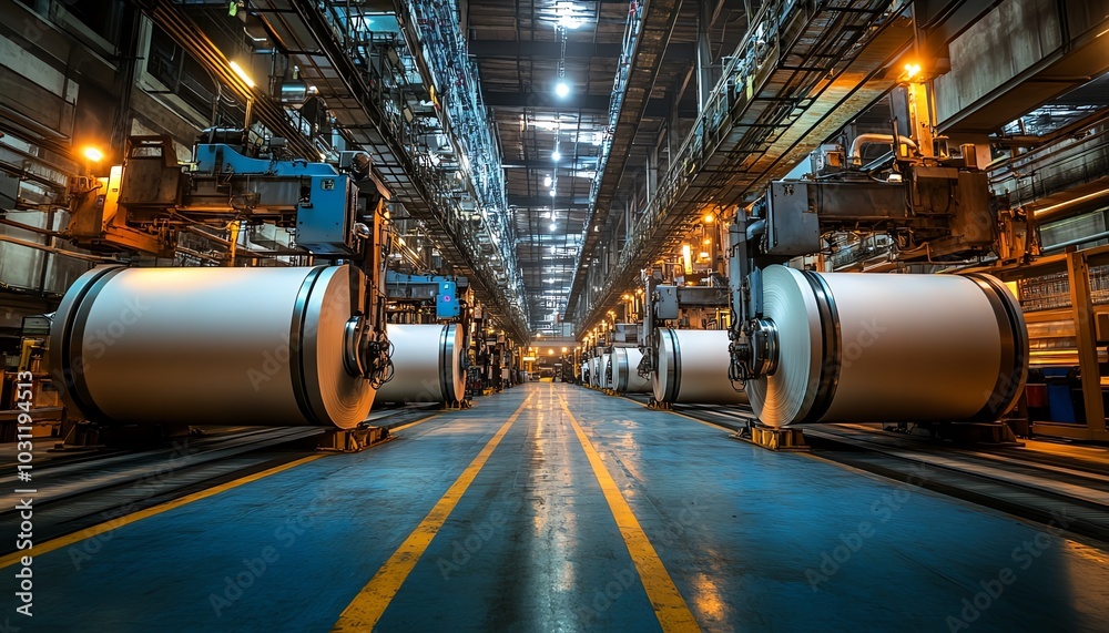 Poster inside a paperboard factory, machinery efficiently producing paperboard sheets, illustrating the mec