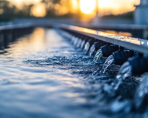 Bright sunrise illuminating an industrial water treatment plant, emphasizing the role of technology in sustainable water management
