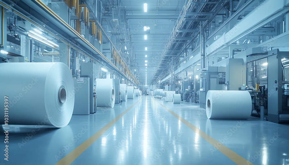 Aufkleber Dynamic view of a factory floor with advanced machinery producing paperboard, highlighting the innovation in manufacturing technology
