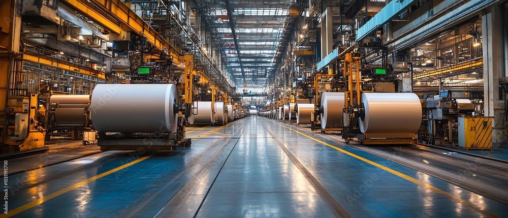 Aufkleber impressive scene of industrial machinery producing highquality paperboard in a factory, focusing on 