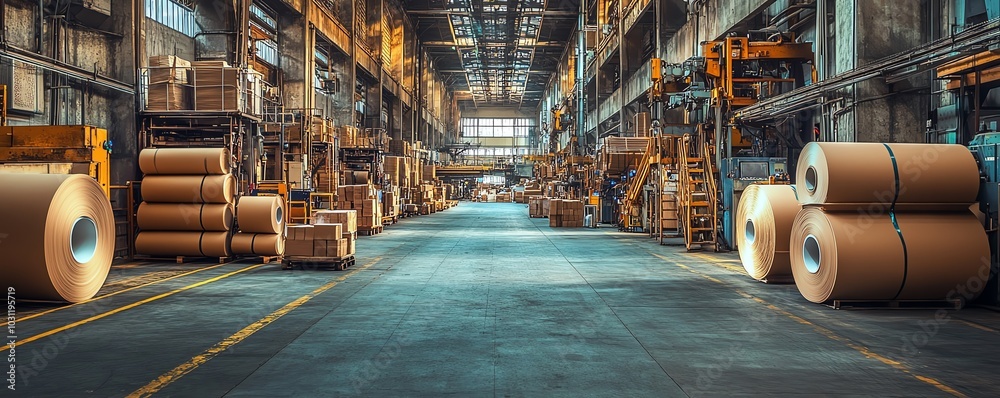 Aufkleber industrial factory setting with machinery dedicated to paperboard production, emphasizing the scale 