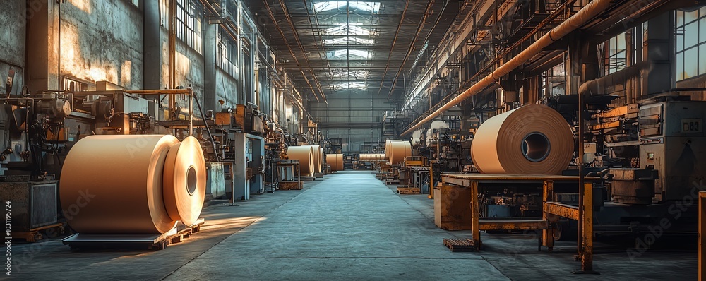 Aufkleber Industrial factory setting with machinery dedicated to paperboard production, emphasizing the scale and efficiency of the manufacturing process