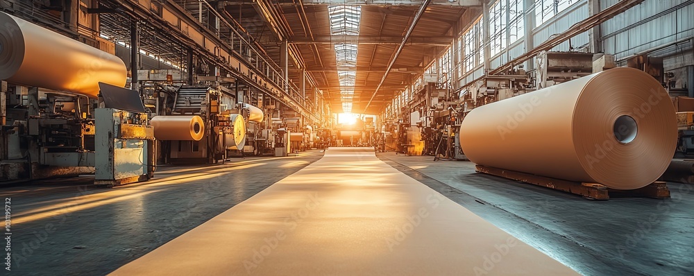 Poster industrial factory setting with machinery dedicated to paperboard production, emphasizing the scale 