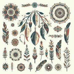 Decorative bohemian artwork featuring intricate floral designs, feathers, and ornamental patterns