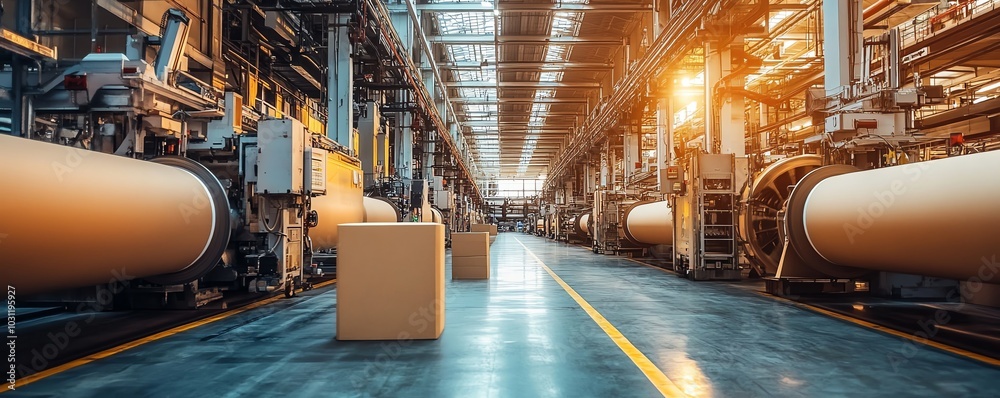 Poster industrial paperboard production line showcasing advanced machinery in action, emphasizing the effic