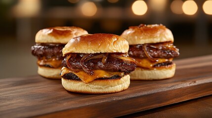 Juicy beef sliders with melted cheese and caramelized onions for food photography and culinary promotions
