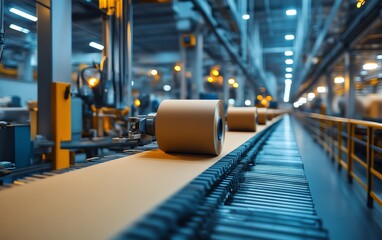 Fototapeta premium Sophisticated industrial equipment in a factory setting, focused on the paperboard production process, highlighting the integration of technology