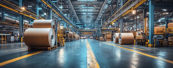 Naklejka premium Sophisticated industrial equipment in a factory setting, focused on the paperboard production process, highlighting the integration of technology