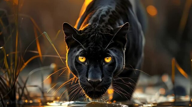 Black panther drinking water in river. Wild cat in the jungles. Nature and wildlife conservation concept. Exotic animal.