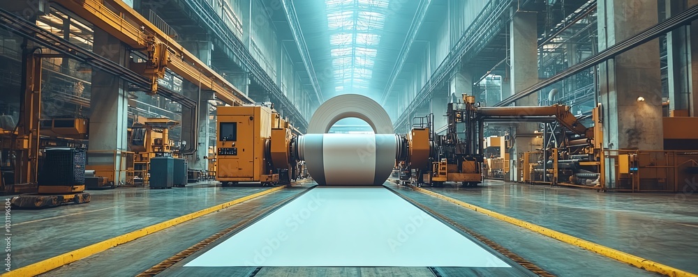 Poster vibrant factory setting with large industrial machines producing paperboard, illustrating the scale 