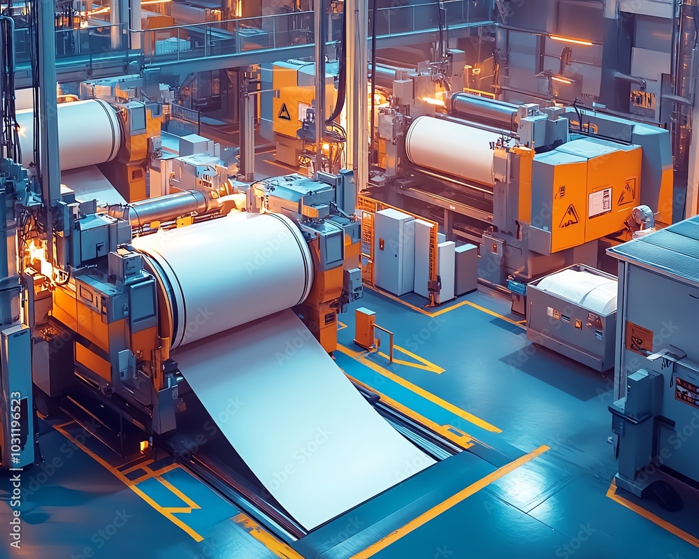 Poster vibrant factory setting with large industrial machines producing paperboard, illustrating the scale 