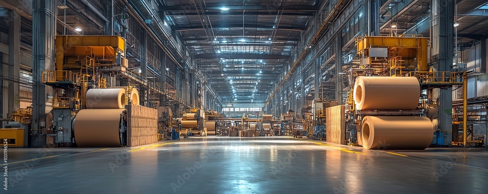 Poster Vibrant factory setting with large industrial machines producing paperboard, illustrating the scale and technology of modern manufacturing