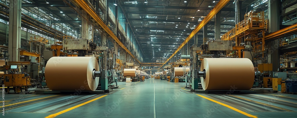 Poster vibrant factory setting with large industrial machines producing paperboard, illustrating the scale 