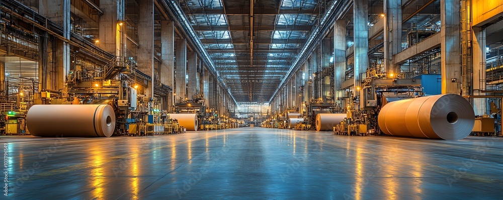 Poster vibrant factory setting with large industrial machines producing paperboard, illustrating the scale 