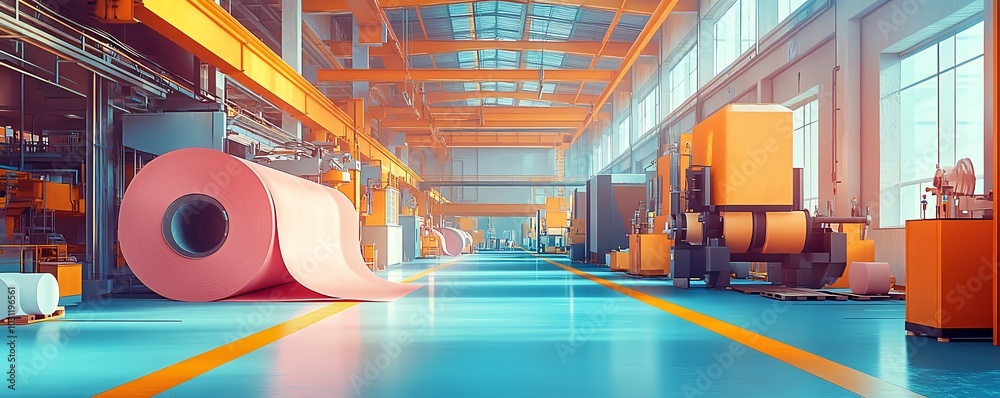 Poster vibrant factory setting with large industrial machines producing paperboard, illustrating the scale 