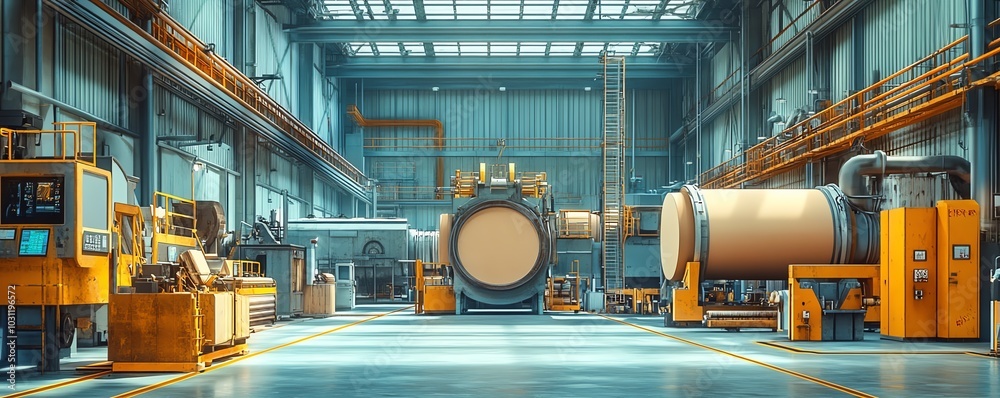 Poster Vibrant factory setting with large industrial machines producing paperboard, illustrating the scale and technology of modern manufacturing