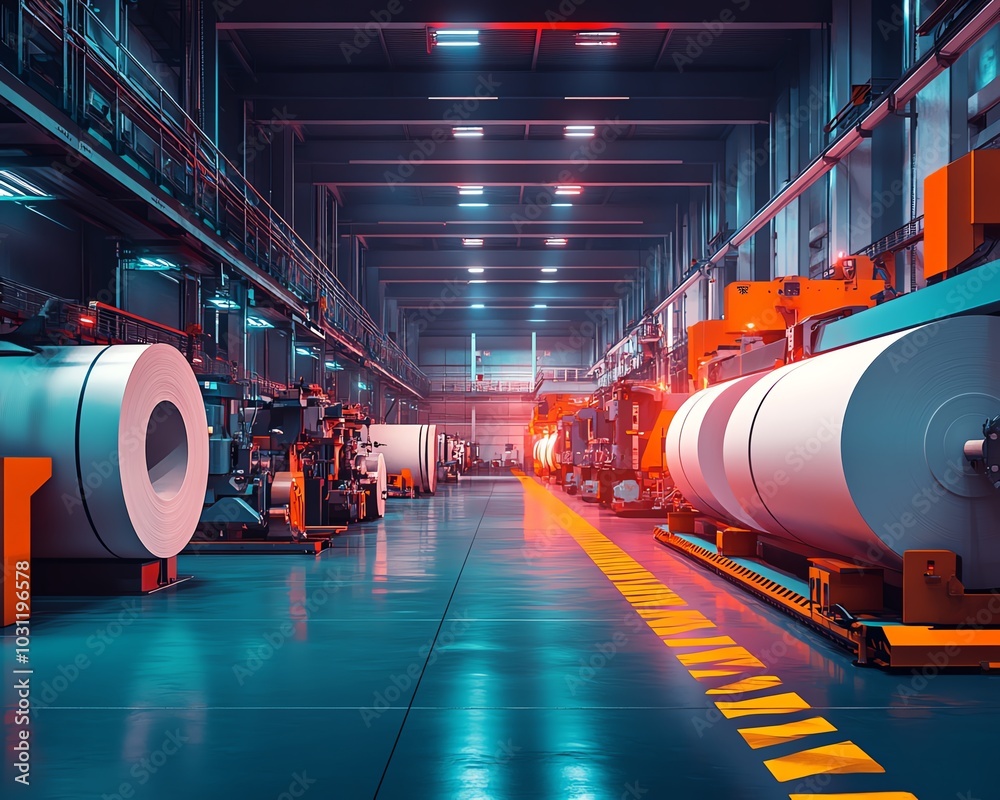 Aufkleber vibrant factory setting with large industrial machines producing paperboard, illustrating the scale 
