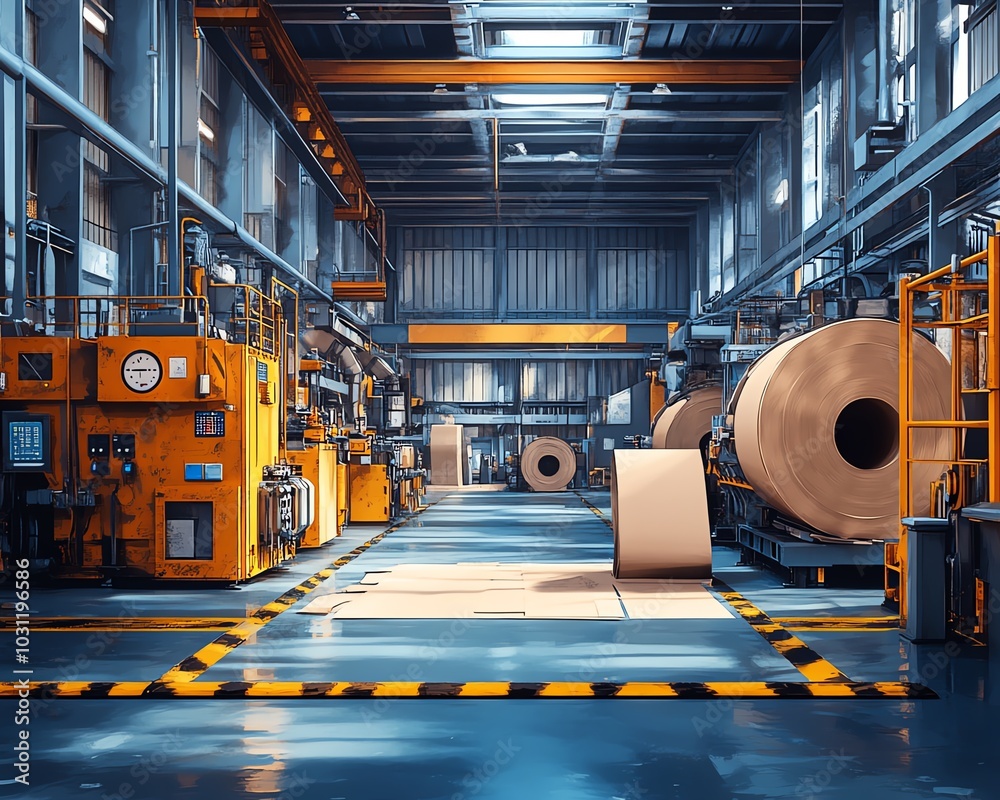 Aufkleber vibrant factory setting with large industrial machines producing paperboard, illustrating the scale 