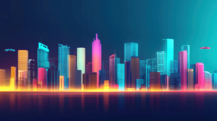 Obraz premium Futuristic city skyline at night with vibrant neon lights and flying cars