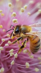Honeybee Pollination Close-Up, showcasing intricate wing structure and fuzzy body while collecting pollen from a flower stamen.