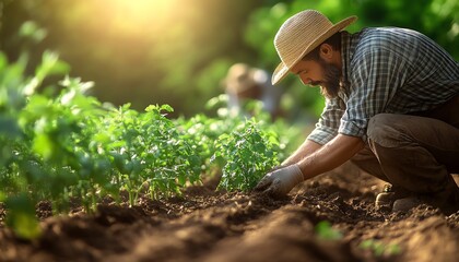 Fototapeta premium Heartwarming scene of a farmer in a sun hat cultivating crops in fertile earth, showcasing the connection between agriculture, growth, and sustainability