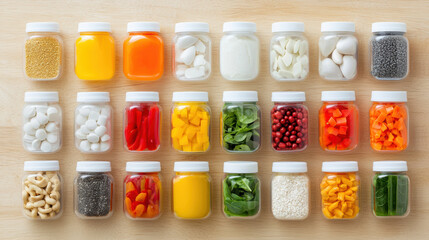 Colorful jars filled with various healthy meal prep ingredients arranged neatly