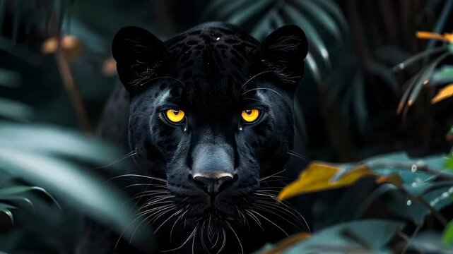 Black panther hiding in flowers in forest. Wild cat in the jungles. Nature and wildlife conservation concept. Exotic animal. Closeup view