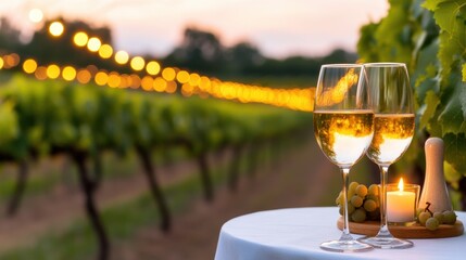 Two glasses of white wine on a table in a vineyard at sunset, with bokeh lights, AI