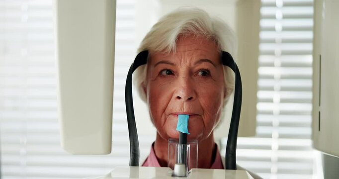 Dental, radiation and woman with xray machine at dentist for digital panoramic image, oral hygiene or gum disease. Senior patient, radiography or person with surgery examination at stomatology clinic