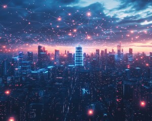 Fototapeta premium Futuristic Urban Landscape with Digital Connections and Vibrant City Lights Showcasing the Intersection of Technology and Architecture