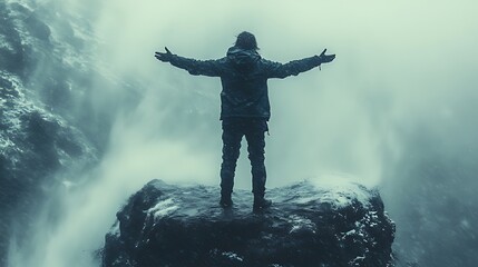 Obraz premium A lone man stands on a rock with arms outstretched, facing a powerful waterfall. The scene is bathed in a misty, ethereal light, creating a sense of awe and wonder.