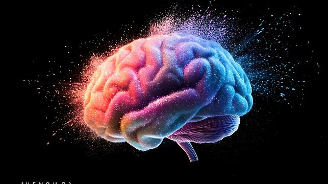 Colorful exploding brain concept symbolizing creativity, innovation, and imagination with vibrant splashes of color representing cognitive energy and artistic vision.