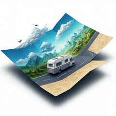 Atmospheric run a camper van on the roadmap isolated on the white background