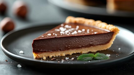 Silky chocolate hazelnut tart slice with sea salt garnish for gourmet food photography