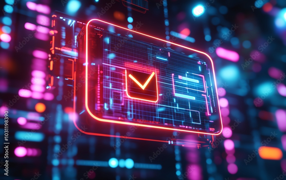 Poster Artistic representation of a hologram showing a document management system with files and bright checkmarks