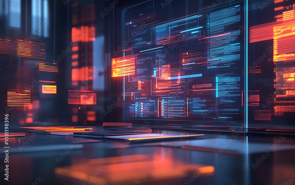 Poster Artistic representation of a hologram showing a document management system with files and bright checkmarks