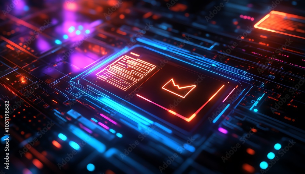 Poster Closeup of a holographic display of a document management system with files and glowing checkmarks